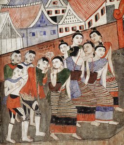 恋人吸烟，从Wat Phumin（壁画）的壁画细节 作者 泰国学校