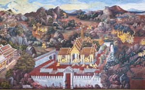 泰国曼谷大皇宫 Wat Phra Kaeo 的壁画描绘了 Ramakian 的场景