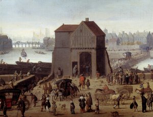 Tournelle Detail 的码头和桥梁。 Carosses 和码头上的路人。 绘画归因于西奥多·马萨姆（1606-1676）1646 年巴黎，卡纳瓦莱博物馆 作者 西奥多（袭击）麦咸（Matham）