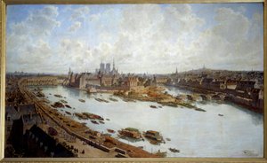 1588年从卢浮宫屋顶俯瞰巴黎和凯特岛的全景，新桥正在建设中 画家：西奥多-约瑟夫-休伯特-霍夫鲍尔（1839-1922） 1890年