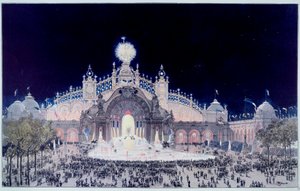 万国展览：“1900 年巴黎电力宫和水城堡景观”，西奥多·约瑟夫·休伯特·霍夫鲍尔 (1839-1922) 的印刷品，被称为费多·霍夫鲍尔。 1900 巴黎，卡纳瓦莱博物馆 作者 西奥多·约瑟夫·休伯特·霍夫鲍尔