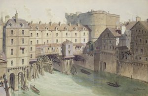 1717年Petit Chatelet和Petit Pont的视图，由Philippe Benoist（1813-c.1905）1885年刻的&39;巴黎穿越时代&39;的插图 作者 西奥多·约瑟夫·休伯特·霍夫鲍尔