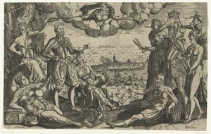 奥兰治与阿尔瓦的对比，背景为西班牙 Furie，约 1577 年 作者 Theodor de Bry (归因于)