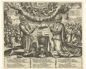 威廉-奥兰治和夏洛特-波旁在风景中跪拜 作者 Theodor de Bry (归因于)
