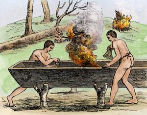 印第安人制作独木舟，用火烧树干，并用草绳挖掘。西奥多-德-布里 1590 年的版画，19 世纪色彩丰富。