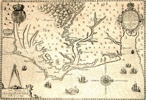 1590 年地图，由西奥多·德·布里 (Theodore de Bry) 根据英国殖民者罗阿诺克总督约翰·怀特 (John White) 的水彩画雕刻而成。 弗吉尼亚州和海岸有小岛屿和河口的罗阿诺克。 Secotan 和 Weapemeoc 的故乡。