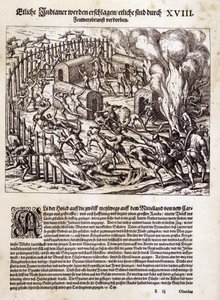 南美洲：西班牙征服者焚烧和掠夺一个土著村庄