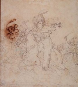 小号手吹响冲锋号（铅笔、钢笔和棕色墨水）。 作者 西奥多·杰里科（Theodore Gericault）