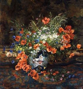 日本伊万里花瓶中的罂粟花，雏菊，毛and和其他花