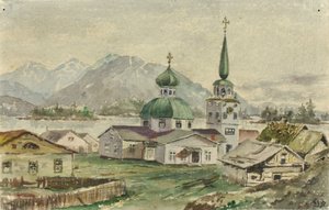 希腊教堂的后视图，锡特卡，1888年。 作者 西奥多·J·理查森