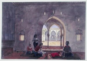 摩尔人的内部，阿尔及尔，约1835年（纸上水彩）。 作者 西奥多·勒布朗