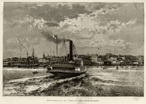 抵达加拿大的维多利亚。韦伯（Th.Weber）为E.Cotteau在1890年所写的 "特兰斯坎纳迪人和阿拉斯加 "的故事作插图，载于爱德华-查顿（1807-1890）编辑的Le tour du monde, nouveau journal des voyages，1891年第二学期，Hachet出版社。