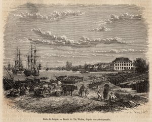 La rade de Saigon，根据T.Weber的画作雕刻的，说明莫里斯医生1872年到科钦岛的航行，发表在《Le tour du monde》1875年，由Edouard Charton编辑，Hachette版，巴黎。塞尔瓦收藏。