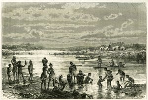 生活在赞比西河畔，marutses 非常关心他们的清洁度，对他们来说清洗是首要的活动。 Th 的雕刻。 韦伯，以说明故事“Au pays des Marutses”，于 1875-1879 年，作者 Emile Holu 博士
