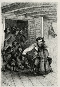 Portrait of the traveller author, playing the cello and attracting an audience of curious. Engraving by Th.Weber, to illustrate the story “” Les Iles Wallis””, by Dr. Emile Deschamps, physician major at the 80th infantry. Published in Le Tour du monde, nou