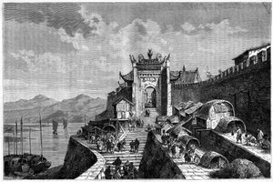 View of the Shanghai Gate on the Huangpu River, China in the years 1870-1880. Engraving after a drawing by Weber, in “Le Tour du Monde, Nouveau journal des Voyages”, edited by Edouard Charton, Paris