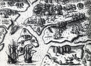 1564年法国人抵达皇家港，由Theodor de Bry（1528-1598）根据Jacques le Moyne de Morgues（约1533-1588年之前）的画作绘制，雕刻。 作者 西奥多·德布瑞