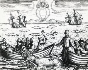 1596年威廉-巴伦支（约1550-1597年）率领的第三次寻找东北航道的探险中的极光和白熊狩猎，由西奥多-德-布莱（1528-1598年）绘制，雕版画 作者 西奥多·德布瑞