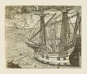 巴托洛梅奥-迪亚斯将一些印第安人挂在船桅上，西奥多-德-布莱（1528-1598）的雕刻，出自Americae pars quarta, sive, Insignis et admiranda historia de reperta primum Occidentali India Christophoro Columbo, by Girolamo Benzoni 作者 西奥多·德布瑞