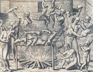 巴西内陆部落的食人行为，雕刻自西奥多-德-布莱（1528-1598）的《美洲历史》，法兰克福，南美 作者 西奥多·德布瑞