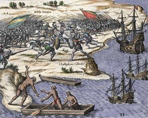 克里斯托弗-哥伦布于1502-1504年第四次前往牙买加：与弗朗西斯科-波拉兹的战斗。雕刻自 "Historia Americae sive Novi Orbis"，作者Theodor de Bry（1527-1598），阿姆斯特丹1594。 作者 西奥多·德布瑞
