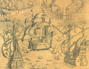 法国和葡萄牙船只在大西洋上为争夺巴西而发生的冲突，插图来自西奥多-德-布莱的《美国历史》。 作者 西奥多·德布瑞