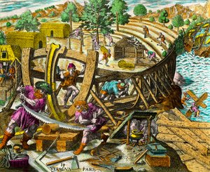 为西班牙航海家Vasco Nunez de Balboa (1475-1517)建造一艘船。 雕刻自Theodore de Bry (1528-1598)的《美洲历史》，16世纪。私人收藏 作者 西奥多·德布瑞