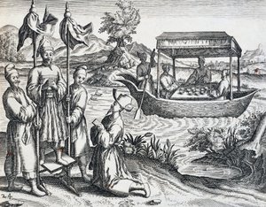 重要人物的街道，由Jan Huyghen van Linschoten（1563-1611）在1583年和1592年之间进行的旅行，雕刻自Theodor de Bry（1528-1598）的《东方印度》，中国 作者 西奥多·德布瑞