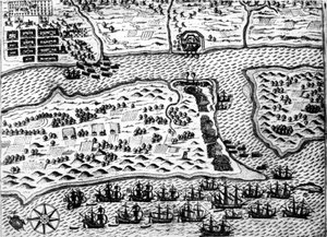 德雷克在1586年捕获了 "圣奥古斯丁 "号船，由德-布莱创作。 作者 西奥多·德布瑞