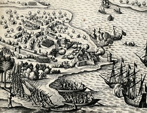 荷兰沿莫桑比克海岸的探险，Theodor de Bry（1528-1598）的India orientalis版画。 作者 西奥多·德布瑞
