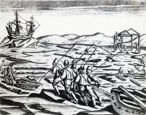 威廉-巴伦支（约1550-1597年）率领的寻找东北通道的探险队，出自Theodor de Bry（1528-1598年）的Peregrinationes，雕版画。 作者 西奥多·德布瑞