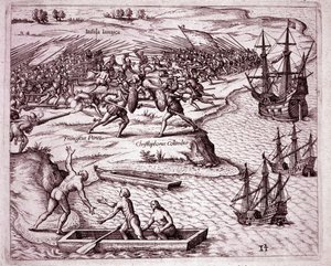 1503年克里斯托弗-哥伦布在牙买加岛的第四次航行（版画 作者 西奥多·德布瑞
