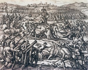 11月16日，弗朗西斯科-皮萨罗（约1475-1541年）的部队在卡哈马尔卡战役中俘获印加皇帝阿塔瓦尔帕。 作者 西奥多·德布瑞