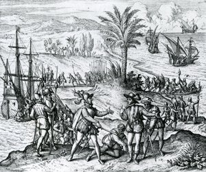 弗朗西斯科·德·博瓦迪利亚（Francisco de Bobadilla）作为总督抵达克里斯托弗·哥伦布（1451-1506），在伊斯帕尼奥拉，1500年，1590年 作者 西奥多·德布瑞