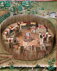 美洲历史："1585年弗吉尼亚州波米奥克（Pomeiock）或波米奥克（Pomeiooc）防御城市的代表"，来自西奥多-德-布莱（1528-1598）"Admirante Narratio Americae "的版画。 作者 西奥多·德布瑞