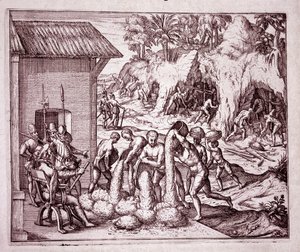 美国历史：西班牙人开采金矿（雕刻版 作者 西奥多·德布瑞
