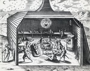 威廉-巴伦支（约1550-1597年）在俄罗斯新泽姆利亚群岛的冬季住宅内部，由西奥多-德-布莱（1528-1598年）绘制，版画 作者 西奥多·德布瑞