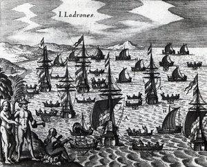 盗贼之岛（Islas de los Ladrones，今天的马里亚纳群岛），雕刻自Peregrinationes，作者Theodor de Bry（1528-1598）。16世纪 作者 西奥多·德布瑞