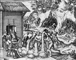 在中美洲和南美洲开采矿物，雕刻自Americae pars V，作者Theodor de Bry（1561-1623）。 作者 西奥多·德布瑞