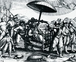 葡萄牙人在印度，被运送到轿子上，雕刻自Peregrinationes，由Theodor de Bry（1528-1598）创作，印度 作者 西奥多·德布瑞