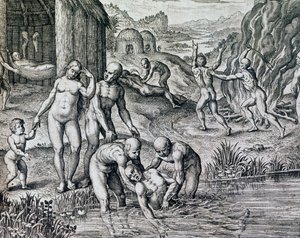 土著人用来对付疾病的补救措施，雕刻自《美洲史》，作者西奥多-德-布莱（1528-1598），法兰克福 作者 西奥多·德布瑞