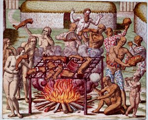巴西的食人场景 印第安人吞噬他们的敌人和囚犯。西奥多-德-布莱（1528-1598）的 "Admirante Narratio Americae "中的版画。 作者 西奥多·德布瑞