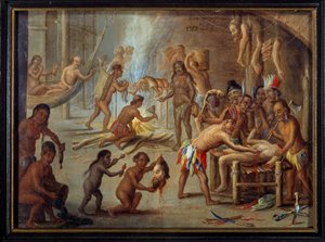 1644 年巴西的食人场景 印第安人吞噬了他们的敌人和囚犯。 Jan van Kessel dit le vieux (1626-1679) (ec.flam.) 的绘画，描绘了西奥多·德·布赖 (Theodore de Bry) 到巴西的旅程。 太阳。 0,18x0,24 m 拉罗谢尔，博物馆 d 作者 西奥多·德布瑞