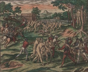 奴隶试图克服他们的西班牙主人，但被俘虏并吊死在树上，1595年。 作者 西奥多·德布瑞