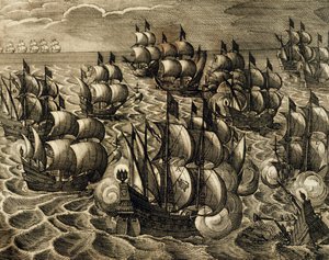 罗德里戈-门多萨指挥的西班牙舰队，西奥多-德-布莱（1528-1598）的雕刻作品，取自西班牙西奥多-德-布莱的《美洲史》，1602年。 作者 西奥多·德布瑞