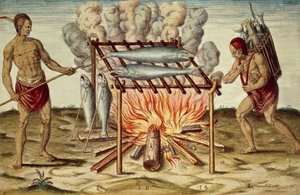 泰诺族人煮鱼，西奥多-德-布莱（1528-1598）根据约翰-怀特的画作绘制的彩色版画，选自《弗吉尼亚新发现土地的简要和真实报告》。 作者 西奥多·德布瑞