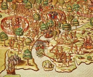 围攻和攻击的技术，Theodor de Bry（1528-1598）的雕刻，来自Americae tertia pars。 作者 西奥多·德布瑞