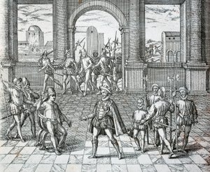 印加国王Atahualpa在Cajamarca被西班牙人俘虏，《美国历史上的幻觉》，Theodore de Bry著 作者 西奥多·德布瑞