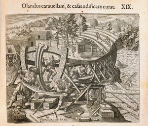 西班牙人在新大陆建造他们的第一艘船，西奥多-德-布莱（1528-1598）的雕刻作品，出自Americae pars quarta, sive, Insignis et admiranda historia de reperta primum Occidentali India Christophoro Columbo, by Girolamo Benzoni 作者 西奥多·德布瑞
