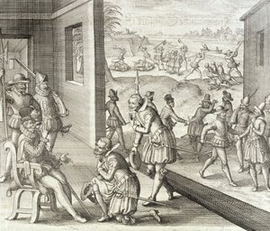 1565年的西班牙捕获堡卡罗琳来自约翰·路德维希·戈特弗里德的“新世界和美国历史”，由法兰克福的Mattaeus Merian出版，1631年 作者 Theodore de Bry